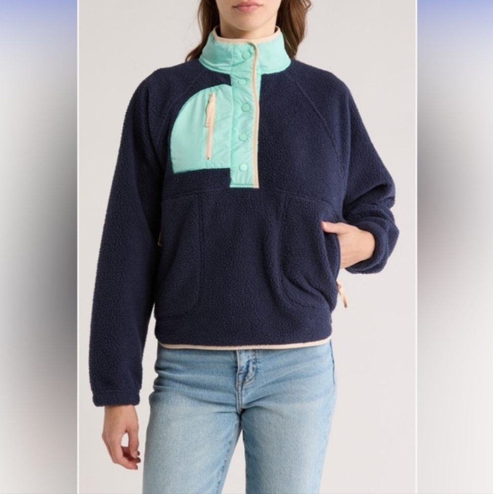 Thread & Supply Navy Fleece Pullover with Mint Contrast